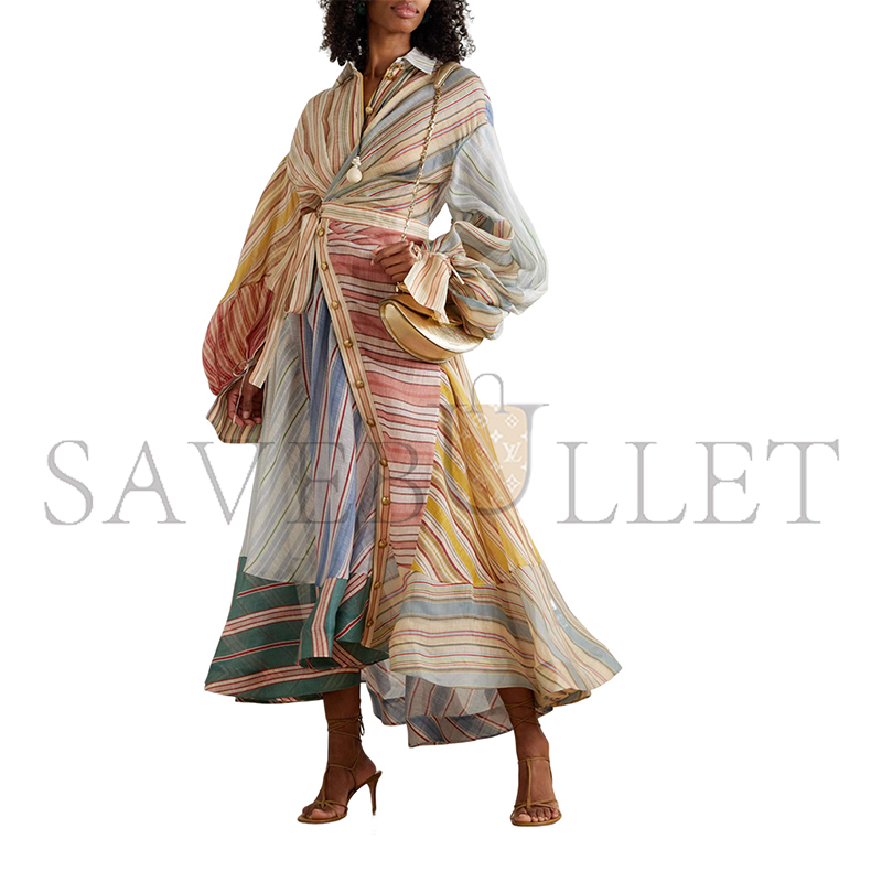 ZIMMERMANN REBELLION PATCHWORK STRIPED LINEN AND SILK-BLEND VOILE MIDI WRAP DRESS 46376663162996888